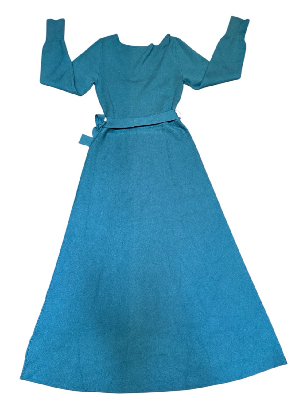 Boden Petite Teal Knit Midi Dress US 4P Long Sleeve Tie Waist - Picture 8 of 11